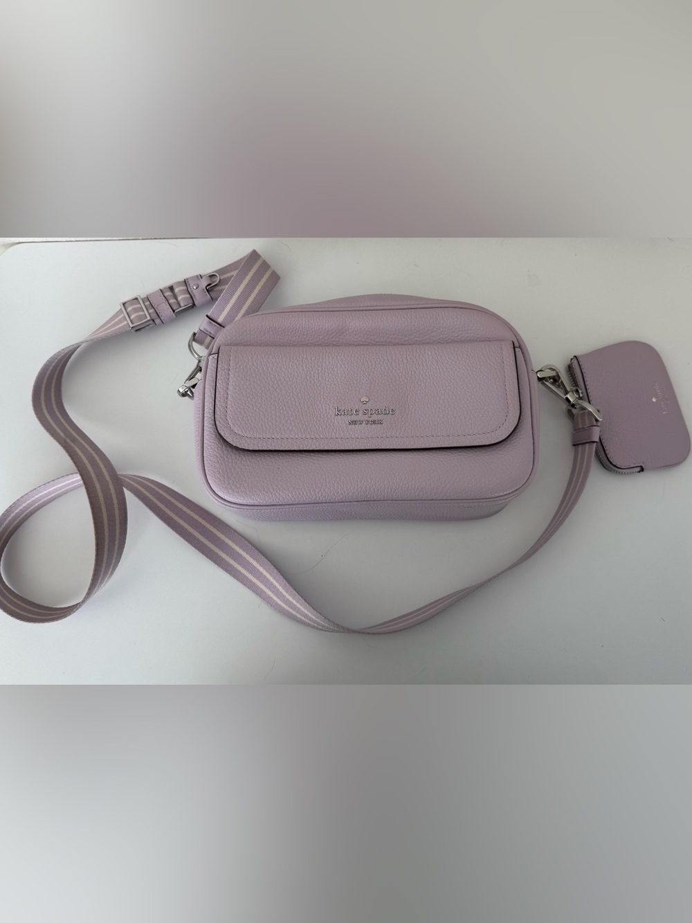 kate Spade Lavender Leather Crossbody with Striped Strap - Picture 2 of 5